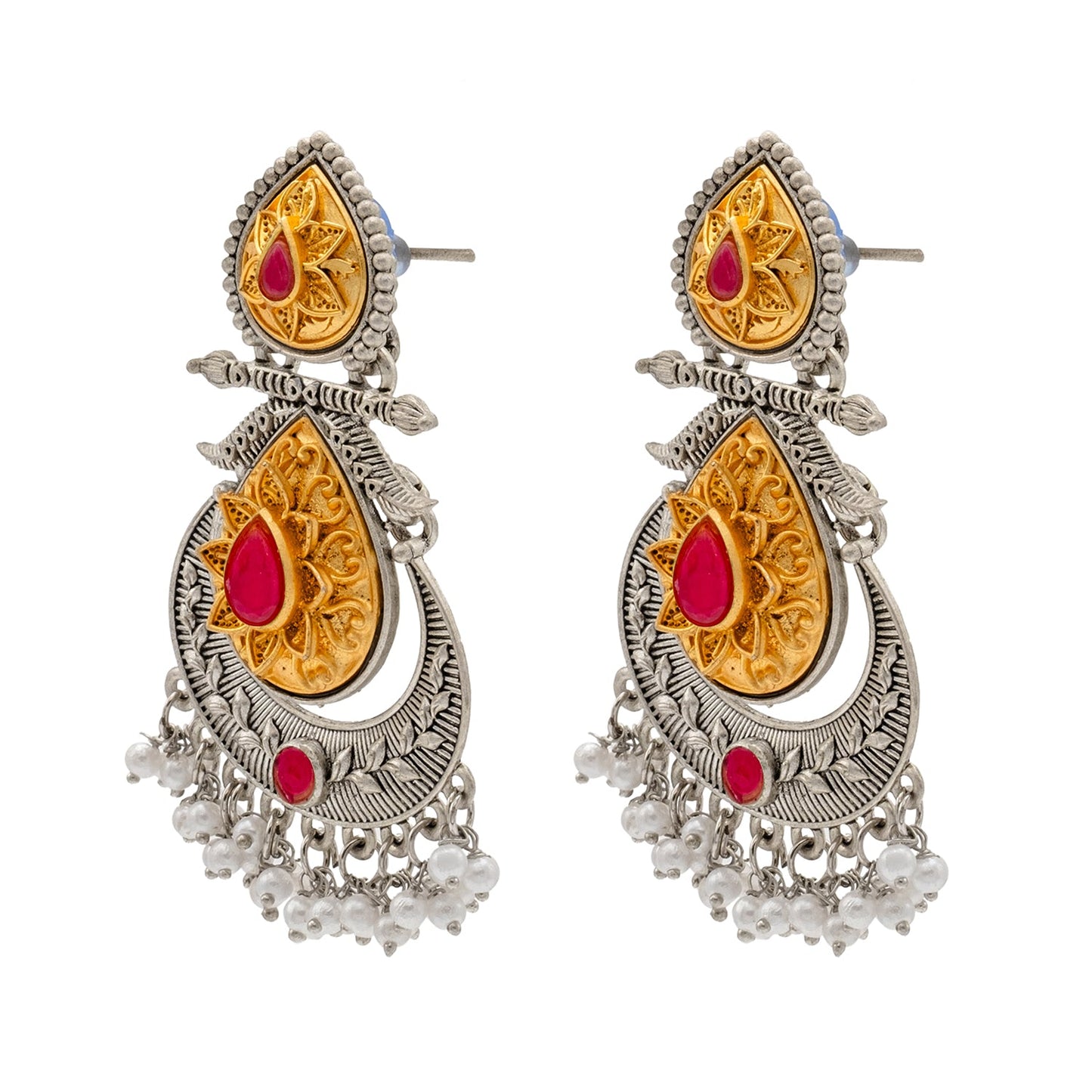 Shining Jewel Traditional Indian Matte Antique Oxidised Silver CZ, Crystal Studded Drop Earring For Women - Maroon (SJE_229_M)