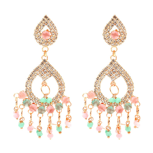 Shining Jewel Crystal and AD Rose Gold-Plated Fancy Western Style Cocktail Pearl Drop Long earrings for women (SJE_230_RG_D1)