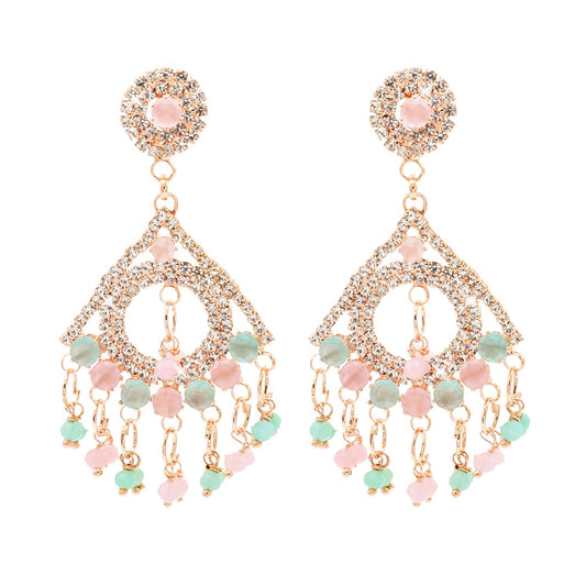 Shining Jewel Crystal and AD Rose Gold-Plated Fancy Western Style Cocktail Pearl Drop Long earrings for women (SJE_230_RG_D2)