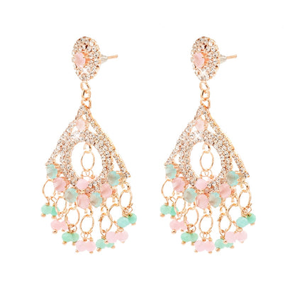 Shining Jewel Crystal and AD Rose Gold-Plated Fancy Western Style Cocktail Pearl Drop Long earrings for women (SJE_230_RG_D2)