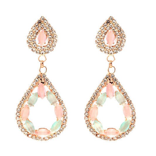 Shining Jewel Crystal and AD Rose Gold-Plated Fancy Western Style Cocktail Pearl Drop Long earrings for women (SJE_230_RG_D3)