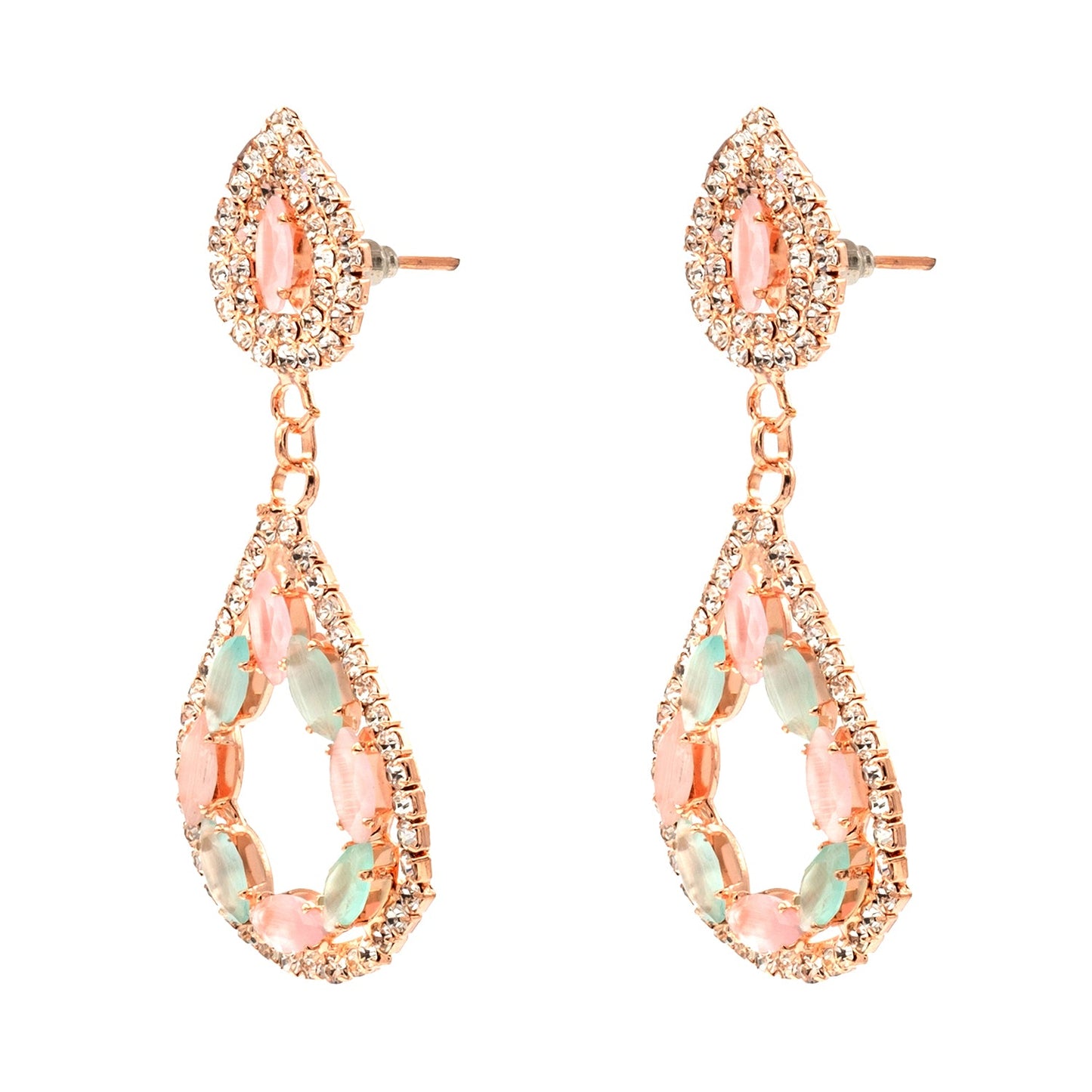 Shining Jewel Crystal and AD Rose Gold-Plated Fancy Western Style Cocktail Pearl Drop Long earrings for women (SJE_230_RG_D3)