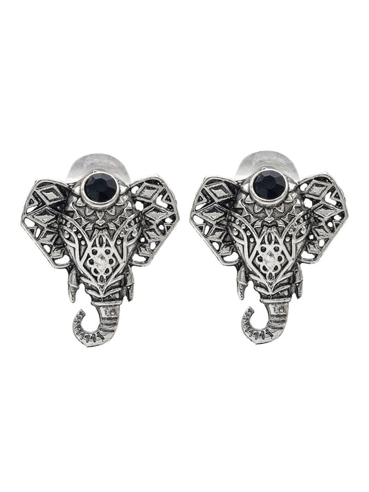 Shining Jewel Traditional Indian Silver Oxidised CZ, Crystal Studded Elephant Earring For Women (SJE_231_S)
