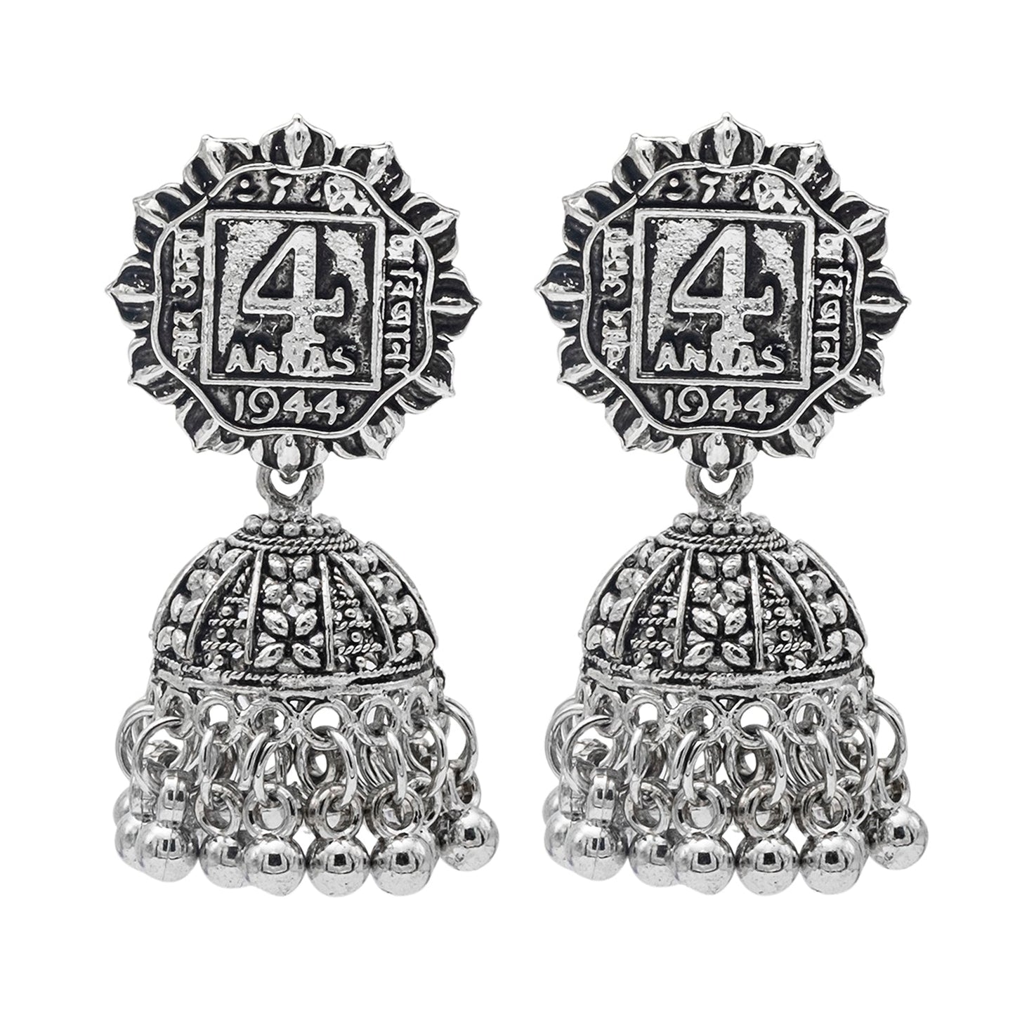 Shining Jewel Traditional Indian Antique Oxidised Silver CZ, Pearls, Handcrafted Design Jhumka Earrings For Women (SJE_235)