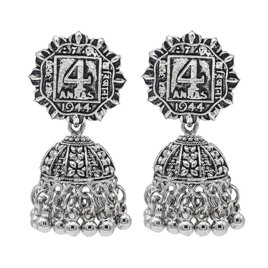 Shining Jewel Traditional Indian Antique Oxidised Silver CZ, Pearls, Handcrafted Design Jhumka Earrings For Women (SJE_235)