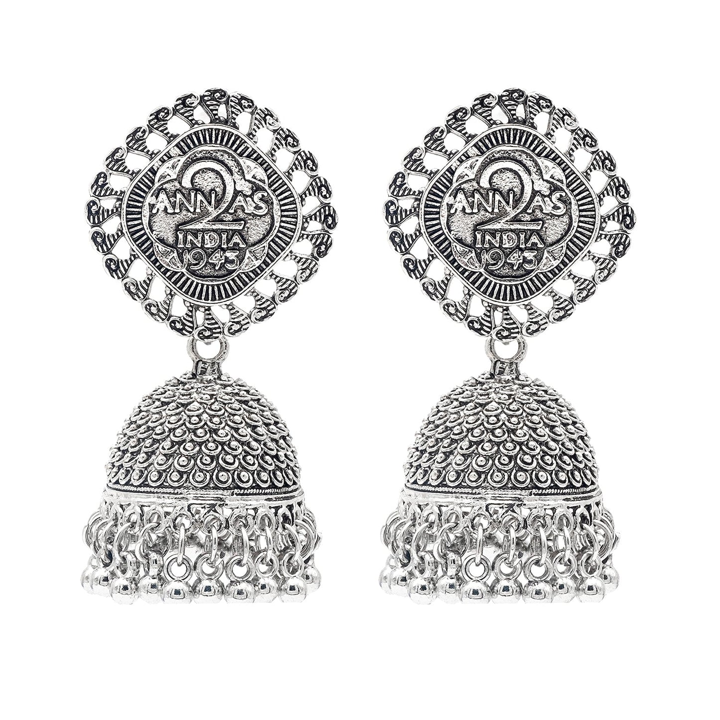 Shining Jewel Traditional Indian Antique Oxidised Silver CZ, Pearls, Handcrafted Design Jhumka Earrings For Women (SJE_236)
