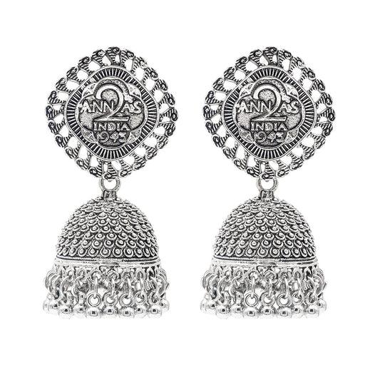Shining Jewel Traditional Indian Antique Oxidised Silver CZ, Pearls, Handcrafted Design Jhumka Earrings For Women (SJE_236)