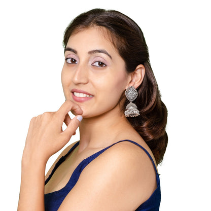 Shining Jewel Traditional Indian Antique Oxidised Silver CZ, Pearls, Handcrafted Design Jhumka Earrings For Women (SJE_236)