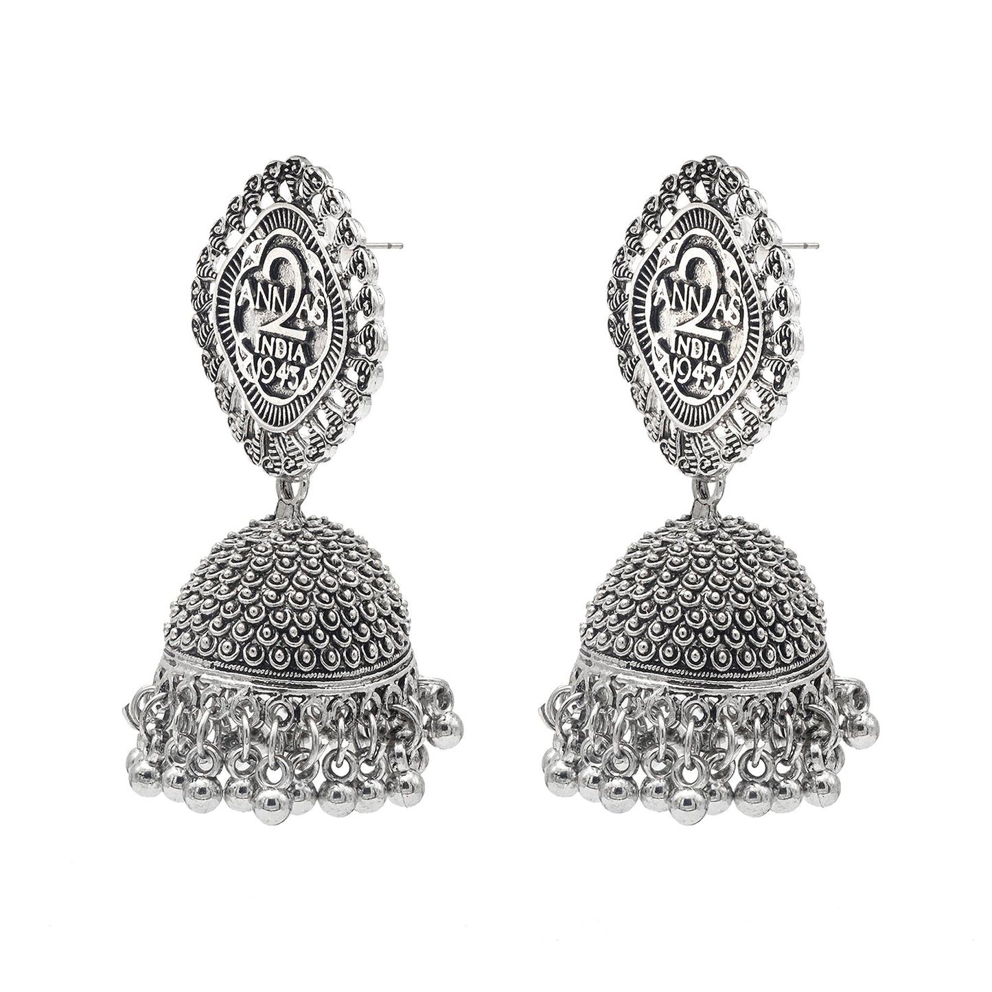 Shining Jewel Traditional Indian Antique Oxidised Silver CZ, Pearls, Handcrafted Design Jhumka Earrings For Women (SJE_236)