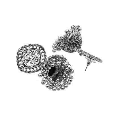 Shining Jewel Traditional Indian Antique Oxidised Silver CZ, Pearls, Handcrafted Design Jhumka Earrings For Women (SJE_236)