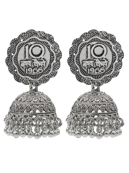 Shining Jewel Traditional Indian Antique Oxidised Silver CZ, Pearls, Handcrafted Design Jhumka Earrings For Women (SJE_237)