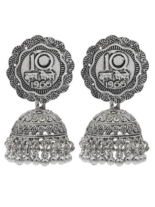Shining Jewel Traditional Indian Antique Oxidised Silver CZ, Pearls, Handcrafted Design Jhumka Earrings For Women (SJE_237)