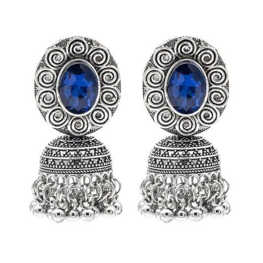 Shining Jewel Traditional Indian Antique Oxidised Silver CZ, Crystal, Ruby Studded Jhumka Pearl Drop Earring For Women (SJE_240_BL)