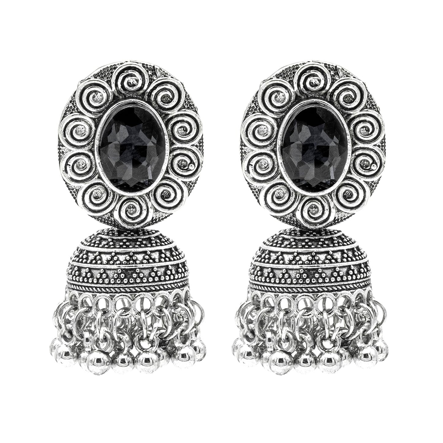 Shining Jewel Traditional Indian Antique Oxidised Silver CZ, Crystal, Ruby Studded Jhumka Pearl Drop Earring For Women (SJE_240_BK)