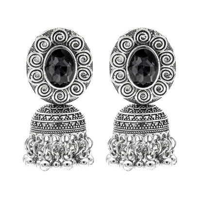 Shining Jewel Traditional Indian Antique Oxidised Silver CZ, Crystal, Ruby Studded Jhumka Pearl Drop Earring For Women (SJE_240_BK)