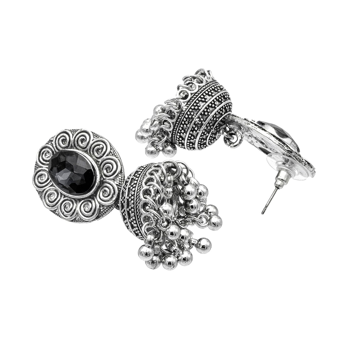 Shining Jewel Traditional Indian Antique Oxidised Silver CZ, Crystal, Ruby Studded Jhumka Pearl Drop Earring For Women (SJE_240_BK)