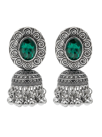 Shining Jewel Traditional Indian Antique Oxidised Silver CZ, Crystal, Ruby Studded Jhumka Pearl Drop Earring For Women (SJE_240_G)