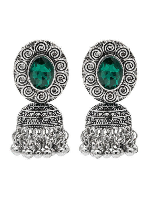 Shining Jewel Traditional Indian Antique Oxidised Silver CZ, Crystal, Ruby Studded Jhumka Pearl Drop Earring For Women (SJE_240_G)