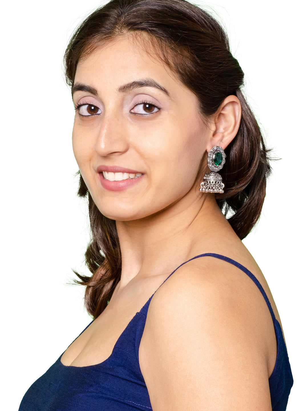 Shining Jewel Traditional Indian Antique Oxidised Silver CZ, Crystal, Ruby Studded Jhumka Pearl Drop Earring For Women (SJE_240_G)