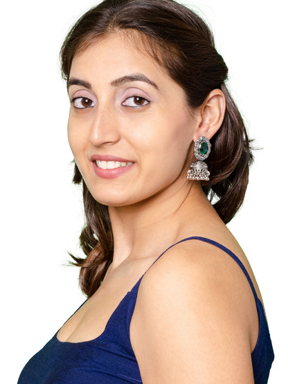 Shining Jewel Traditional Indian Antique Oxidised Silver CZ, Crystal, Ruby Studded Jhumka Pearl Drop Earring For Women (SJE_240_G)