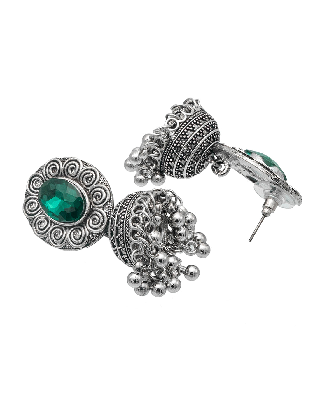 Shining Jewel Traditional Indian Antique Oxidised Silver CZ, Crystal, Ruby Studded Jhumka Pearl Drop Earring For Women (SJE_240_G)