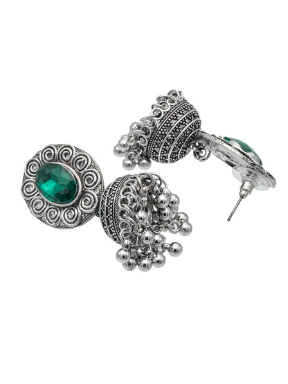 Shining Jewel Traditional Indian Antique Oxidised Silver CZ, Crystal, Ruby Studded Jhumka Pearl Drop Earring For Women (SJE_240_G)