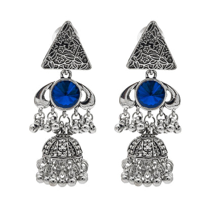 Shining Jewel Traditional Indian Antique Oxidised Silver CZ, Crystal, Ruby Studded Jhumka Pearl drop Earring For Women (SJE_241_BL)