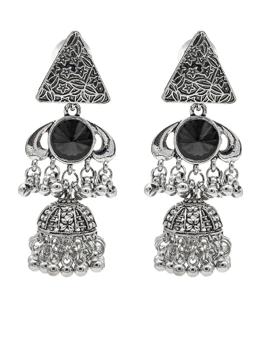 Shining Jewel Traditional Indian Antique Oxidised Silver CZ, Crystal, Ruby Studded Jhumka Pearl drop Earring For Women (SJE_241_BK)