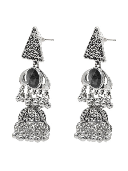 Shining Jewel Traditional Indian Antique Oxidised Silver CZ, Crystal, Ruby Studded Jhumka Pearl drop Earring For Women (SJE_241_BK)