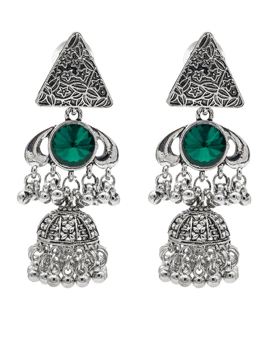 Shining Jewel Traditional Indian Antique Oxidised Silver CZ, Crystal, Ruby Studded Jhumka Pearl drop Earring For Women (SJE_241_G)