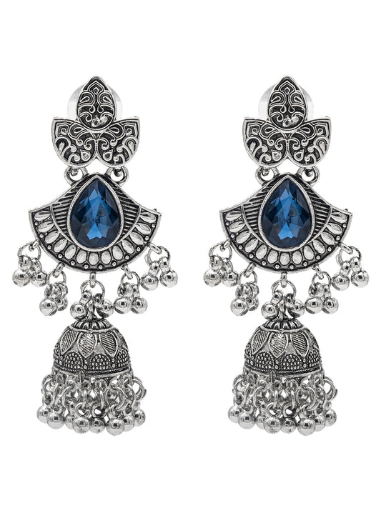 Shining Jewel Traditional Indian Antique Oxidised Silver CZ, Crystal, Ruby Studded Jhumka drop Earring For Women (SJE_242_BL)