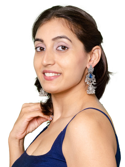 Shining Jewel Traditional Indian Antique Oxidised Silver CZ, Crystal, Ruby Studded Jhumka drop Earring For Women (SJE_242_BL)