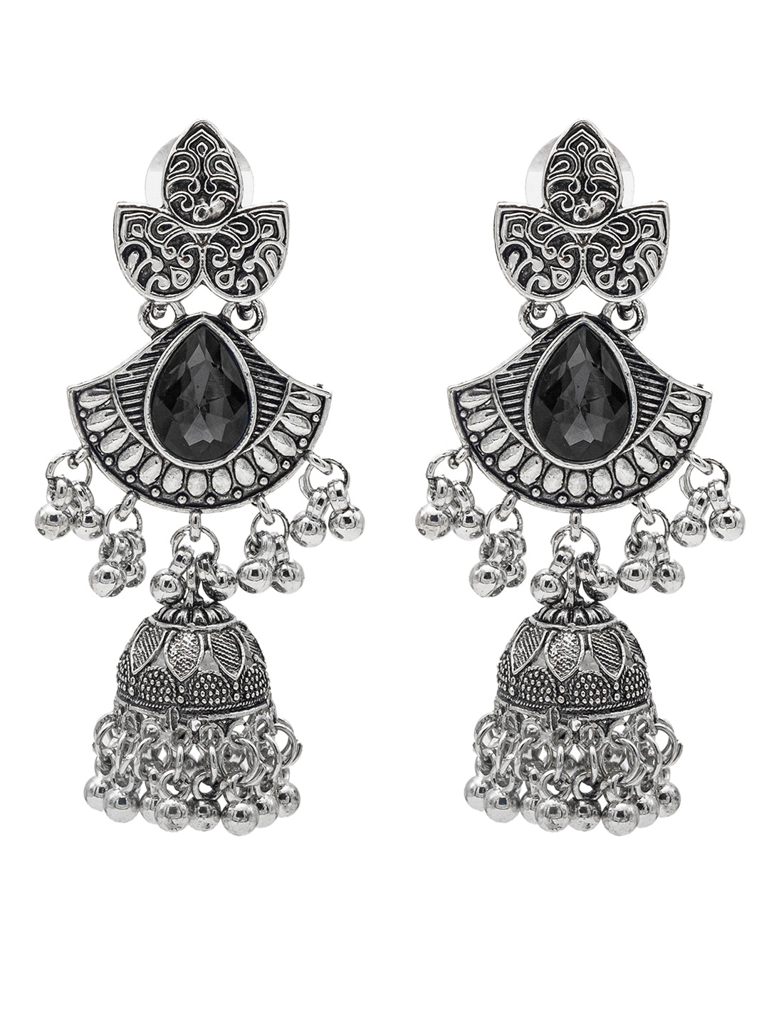 Shining Jewel Traditional Indian Antique Oxidised Silver CZ, Crystal, Ruby Studded Jhumka Pearl drop Earring For Women (SJE_242_BK)