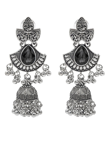 Shining Jewel Traditional Indian Antique Oxidised Silver CZ, Crystal, Ruby Studded Jhumka Pearl drop Earring For Women (SJE_242_BK)