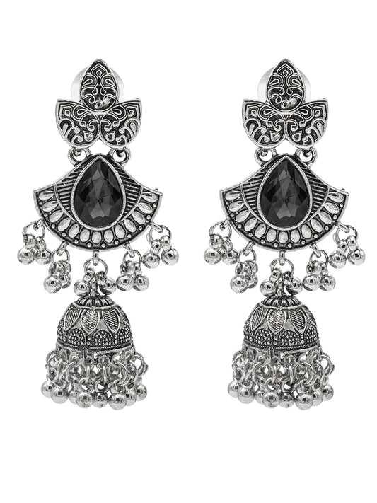 Shining Jewel Traditional Indian Antique Oxidised Silver CZ, Crystal, Ruby Studded Jhumka Pearl drop Earring For Women (SJE_242_BK)