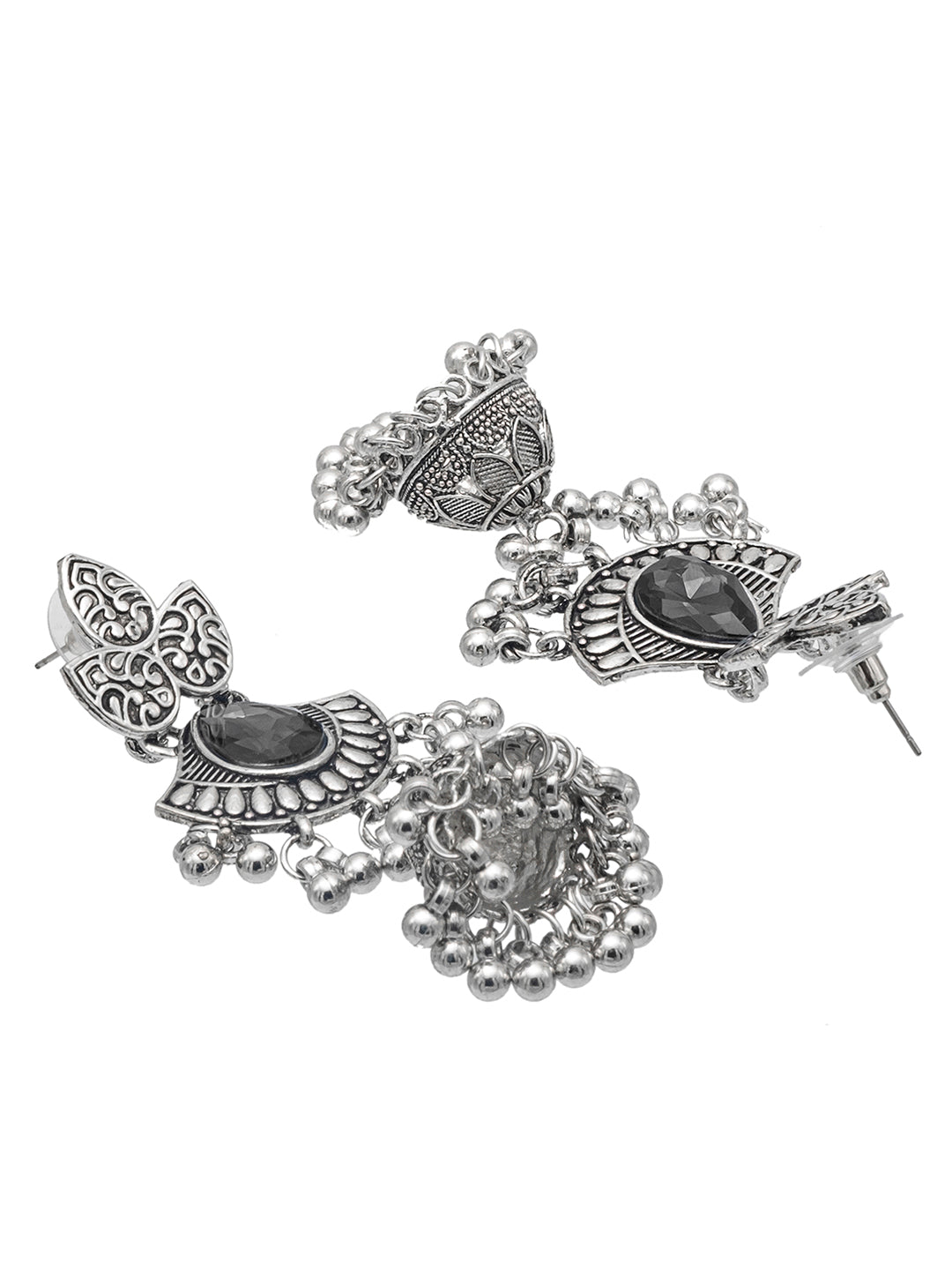 Shining Jewel Traditional Indian Antique Oxidised Silver CZ, Crystal, Ruby Studded Jhumka Pearl drop Earring For Women (SJE_242_BK)