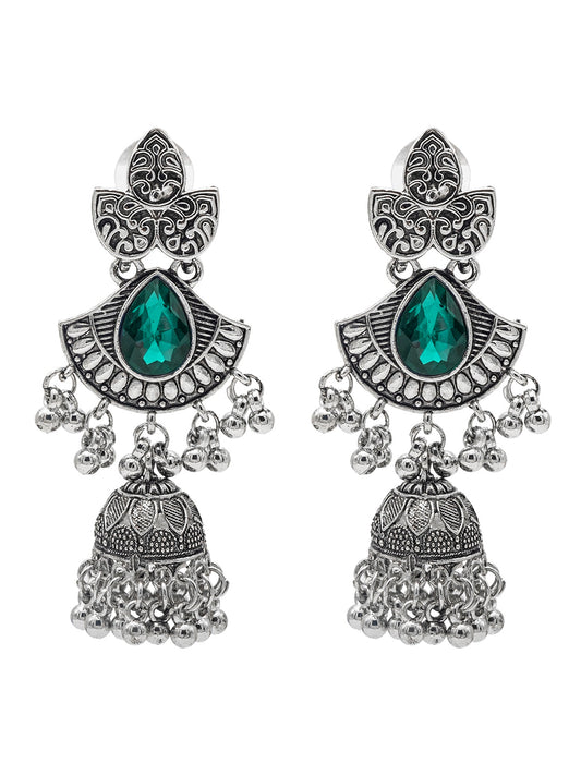Shining Jewel Traditional Indian Antique Oxidised Silver CZ, Crystal, Ruby Studded Jhumka drop Earring For Women (SJE_242_BL)