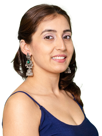 Shining Jewel Traditional Indian Antique Oxidised Silver CZ, Crystal, Ruby Studded Jhumka drop Earring For Women (SJE_242_BL)