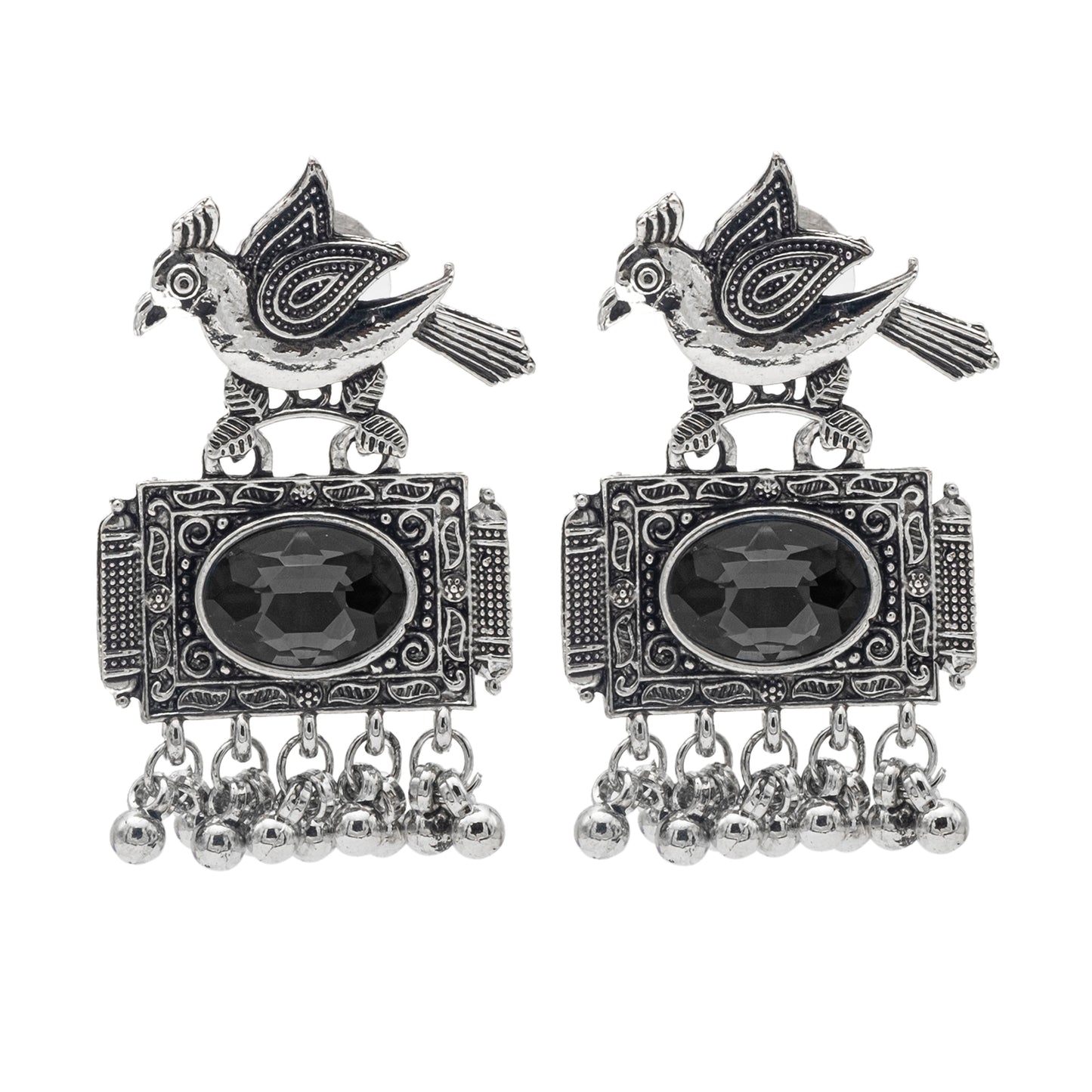 Shining Jewel Antique Silver Plated Oxidised Bird Design with Ruby Medium Sized Pearl Drops Earring For Women (SJE_243_BK)