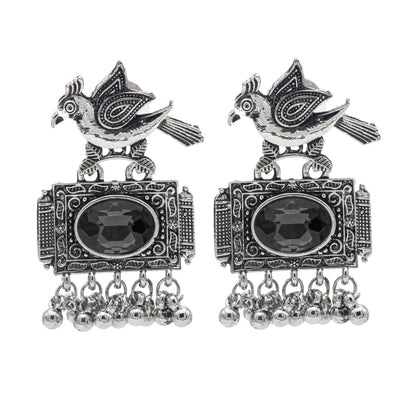 Shining Jewel Antique Silver Plated Oxidised Bird Design with Ruby Medium Sized Pearl Drops Earring For Women (SJE_243_BK)
