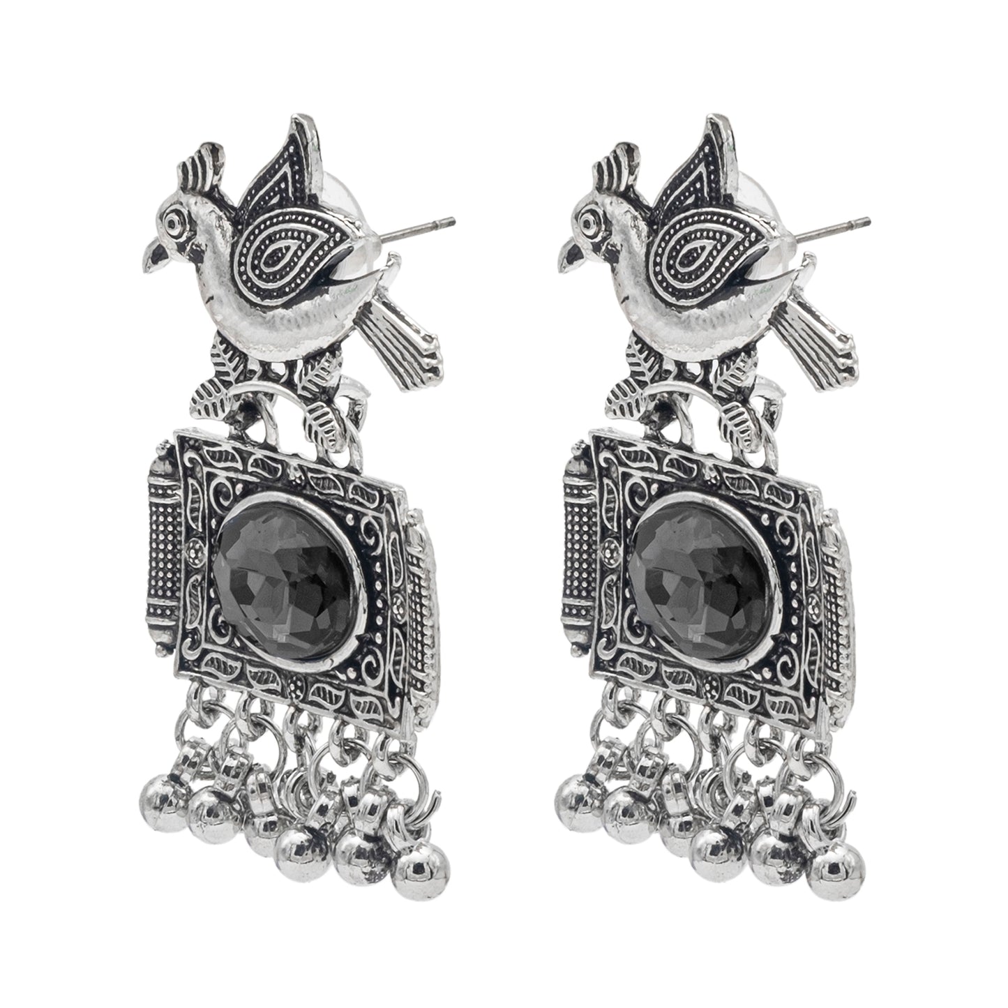 Shining Jewel Antique Silver Plated Oxidised Bird Design with Ruby Medium Sized Pearl Drops Earring For Women (SJE_243_BK)