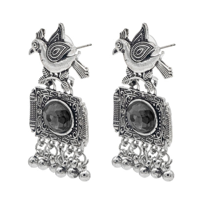 Shining Jewel Antique Silver Plated Oxidised Bird Design with Ruby Medium Sized Pearl Drops Earring For Women (SJE_243_BK)