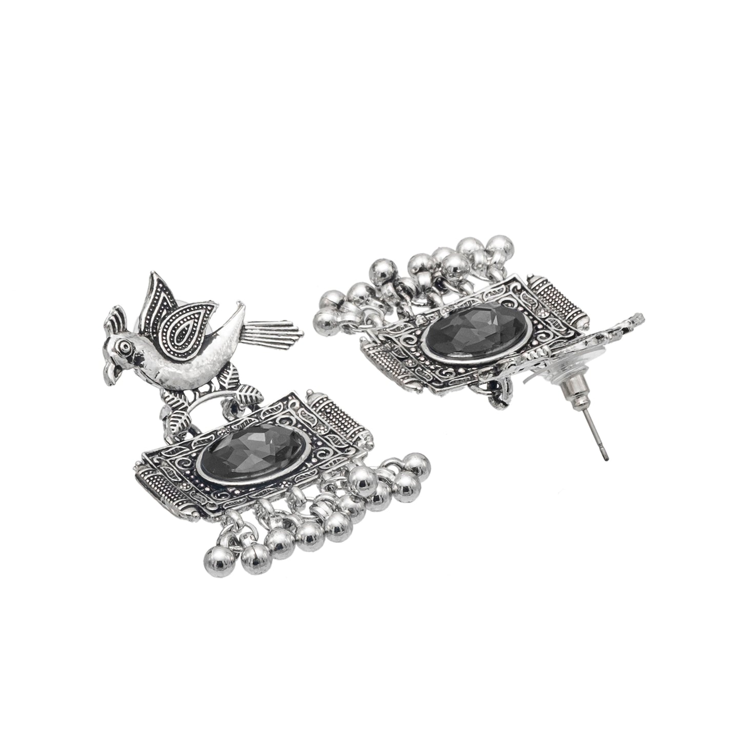 Shining Jewel Antique Silver Plated Oxidised Bird Design with Ruby Medium Sized Pearl Drops Earring For Women (SJE_243_BK)