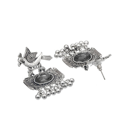 Shining Jewel Antique Silver Plated Oxidised Bird Design with Ruby Medium Sized Pearl Drops Earring For Women (SJE_243_BK)