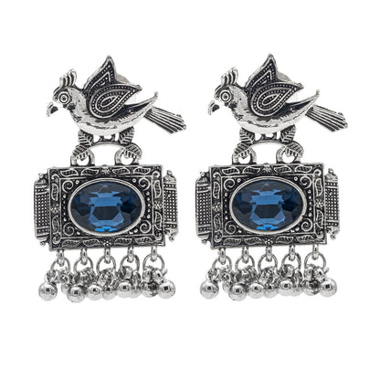 Shining Jewel Antique Silver Plated Oxidised Bird Design with Ruby Medium Sized Pearl Drops Earring For Women (SJE_243_BL)