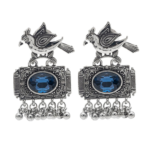 Shining Jewel Antique Silver Plated Oxidised Bird Design with Ruby Medium Sized Pearl Drops Earring For Women (SJE_243_BL)