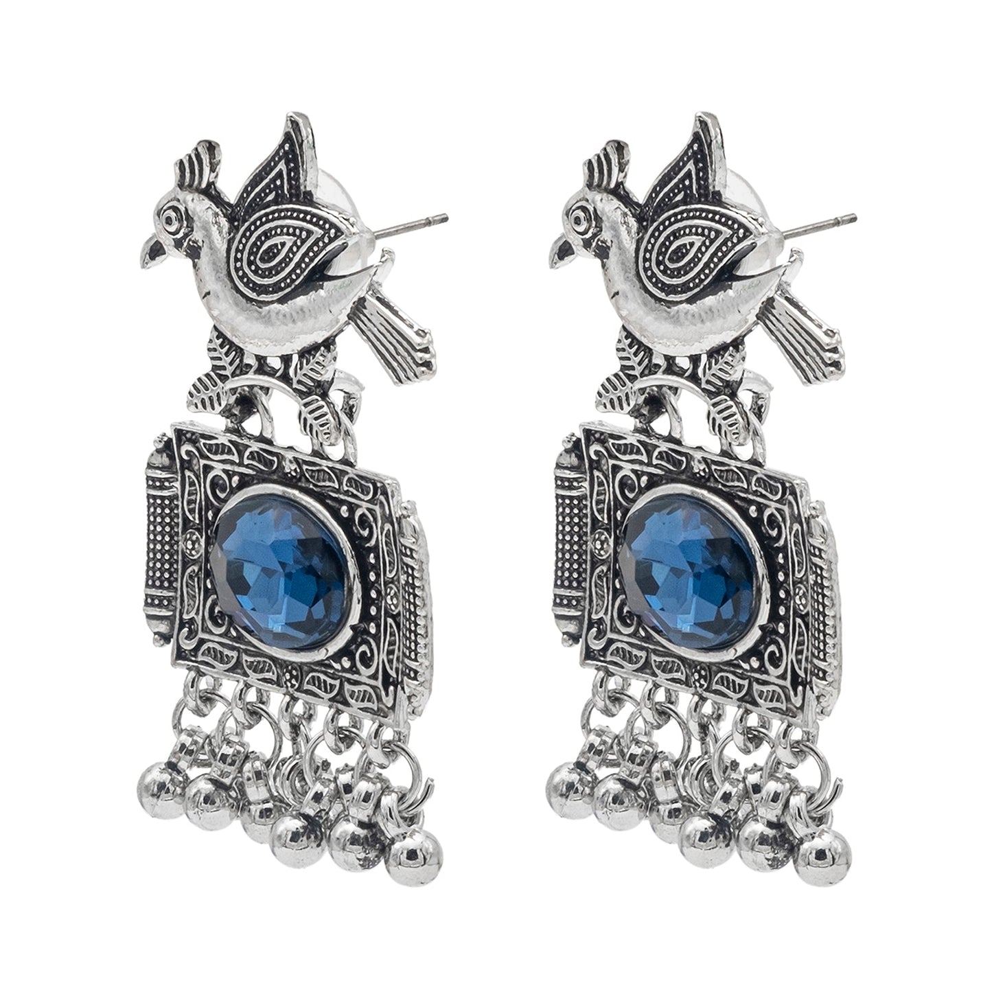 Shining Jewel Antique Silver Plated Oxidised Bird Design with Ruby Medium Sized Pearl Drops Earring For Women (SJE_243_BL)
