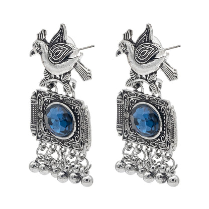 Shining Jewel Antique Silver Plated Oxidised Bird Design with Ruby Medium Sized Pearl Drops Earring For Women (SJE_243_BL)