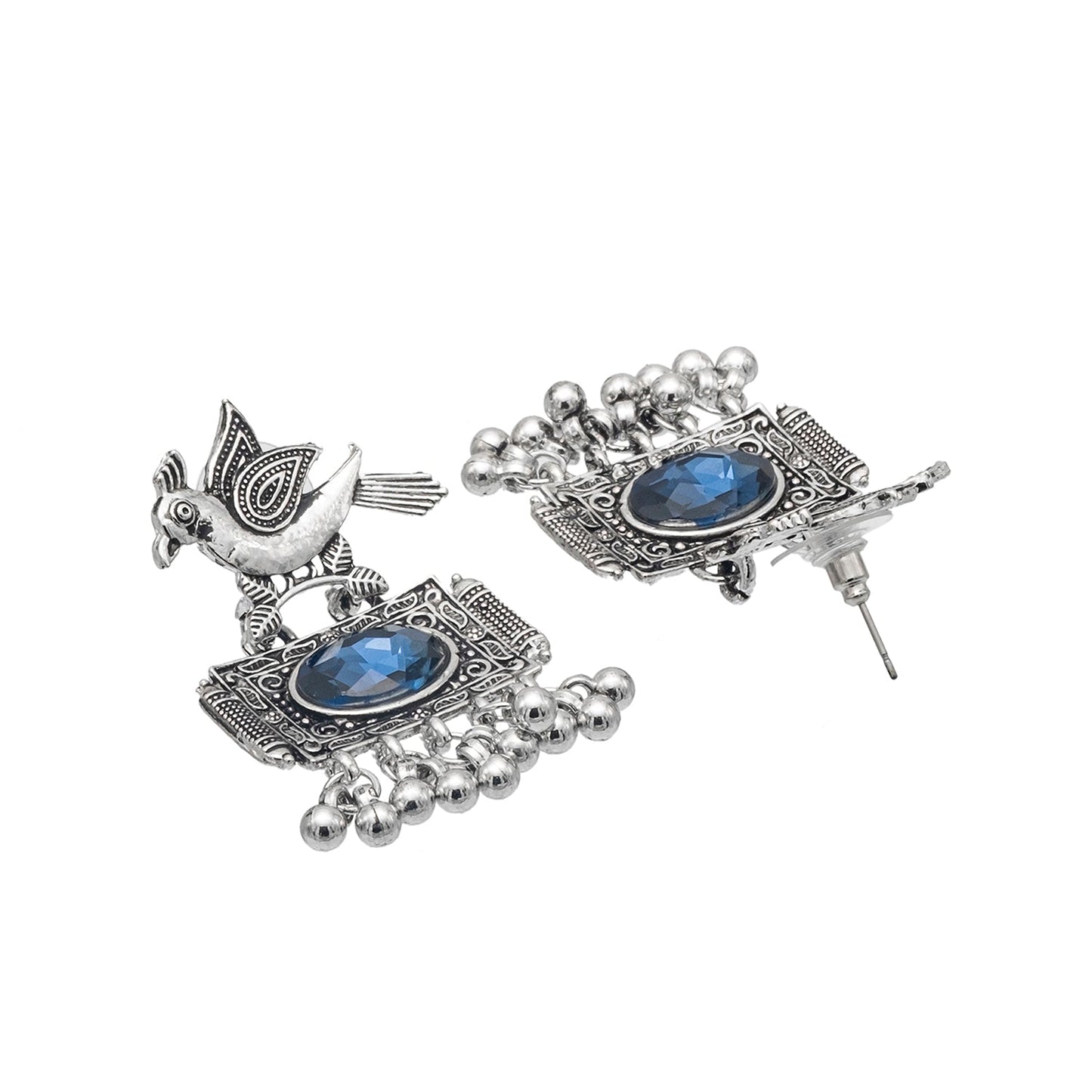 Shining Jewel Antique Silver Plated Oxidised Bird Design with Ruby Medium Sized Pearl Drops Earring For Women (SJE_243_BL)