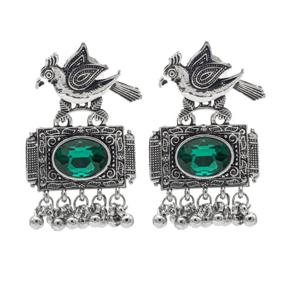 Shining Jewel Antique Silver Plated Oxidised Bird Design with Ruby Medium Sized Pearl Drops Earring For Women (SJE_243_G)